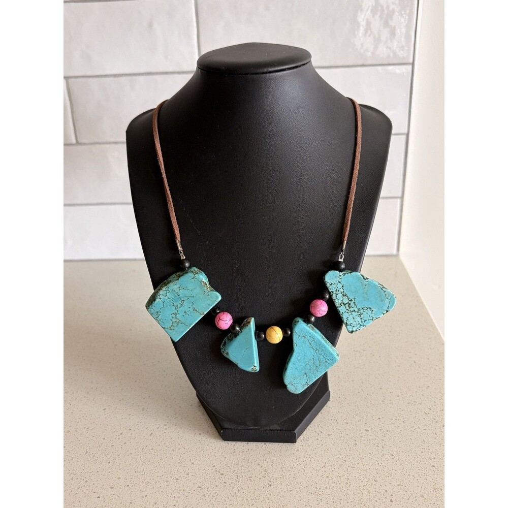 Turquoise Statement Necklace Southwestern Boho Natural Stone Leather Cord